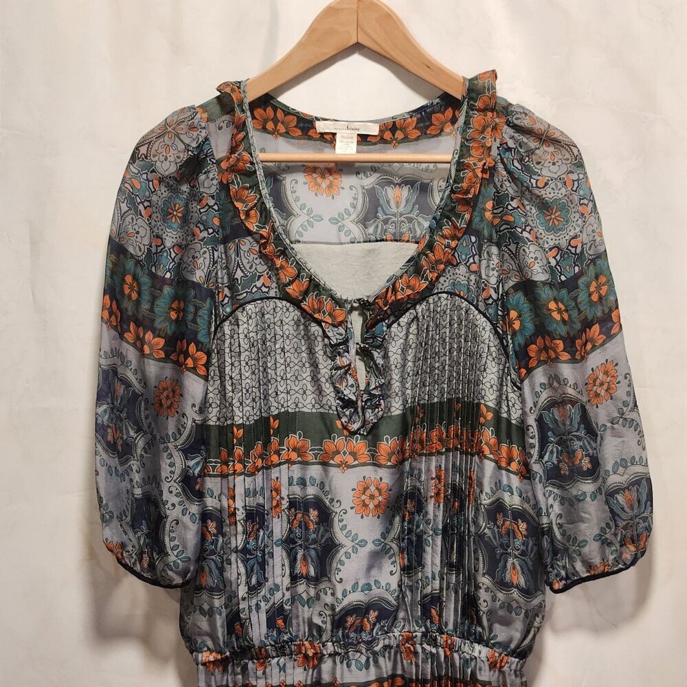 Trinity 100% Silk Blouse Women's Size‎ M Floral V-Neck 3/4 Sleeve Elastic Waist